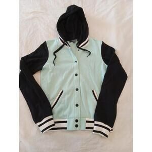 Forever 21 Women's Size Small Hooded Button Down Varsity Jacket Teal Black A15